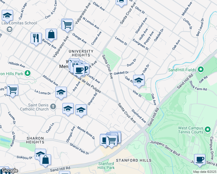 map of restaurants, bars, coffee shops, grocery stores, and more near 35 Harrison Way in Menlo Park