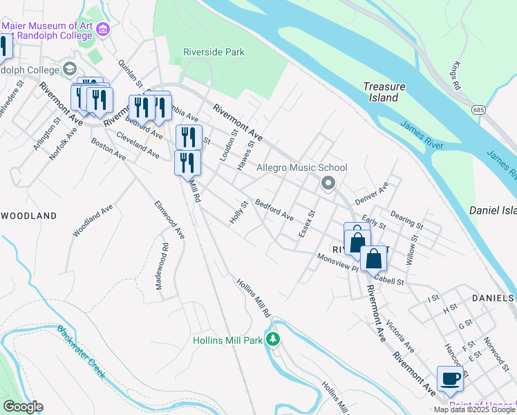 map of restaurants, bars, coffee shops, grocery stores, and more near 1821 Bedford Avenue in Lynchburg