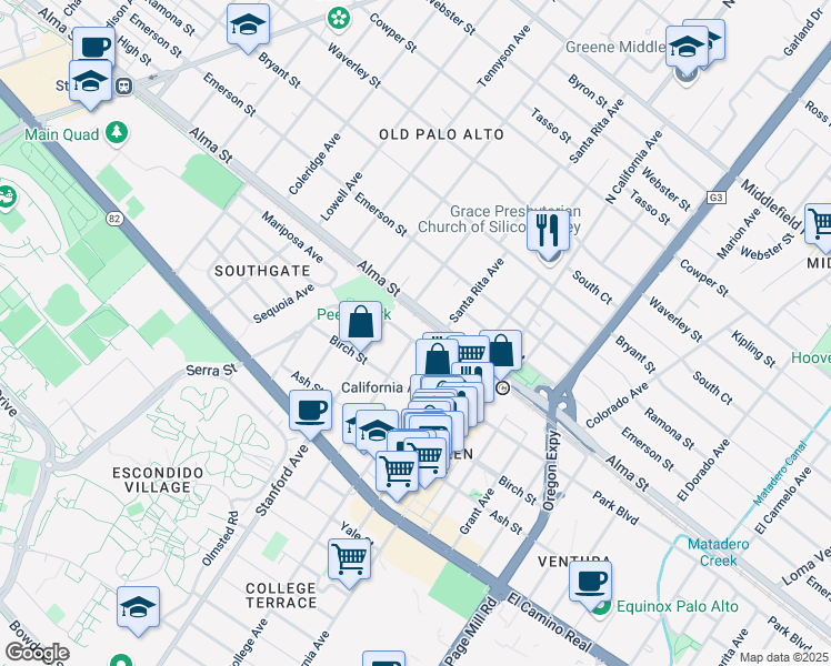 map of restaurants, bars, coffee shops, grocery stores, and more near 2091 Park Boulevard in Palo Alto