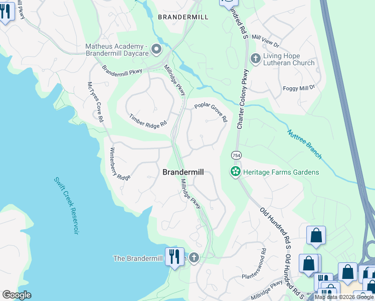 map of restaurants, bars, coffee shops, grocery stores, and more near 13500 West Poplar Grove Road in Midlothian