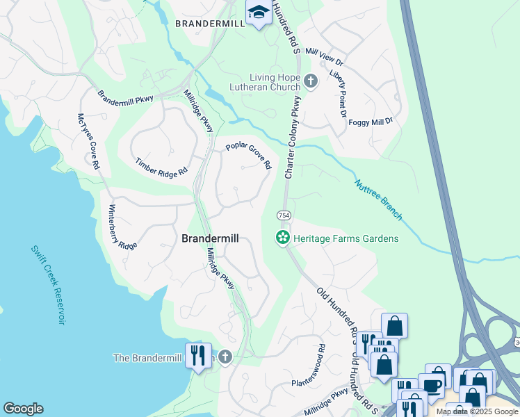 map of restaurants, bars, coffee shops, grocery stores, and more near 4203 Poplar Grove Terrace in Midlothian