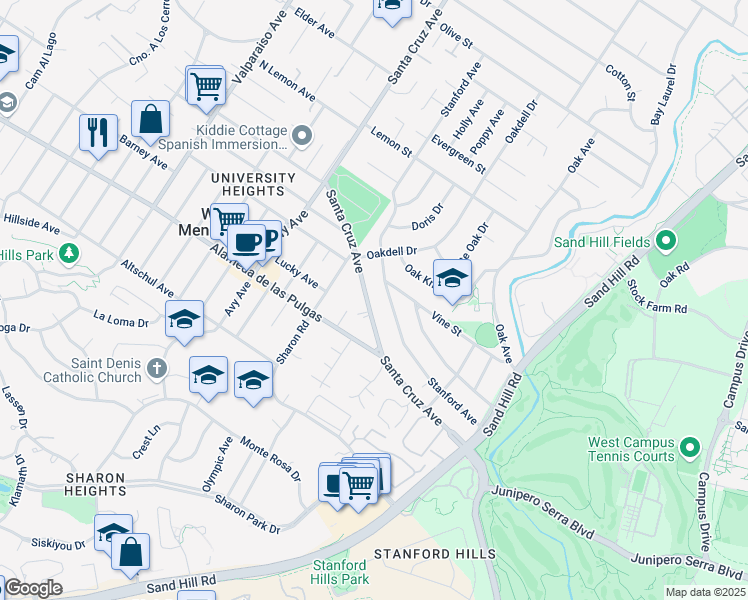 map of restaurants, bars, coffee shops, grocery stores, and more near 2025 Santa Cruz Avenue in Menlo Park