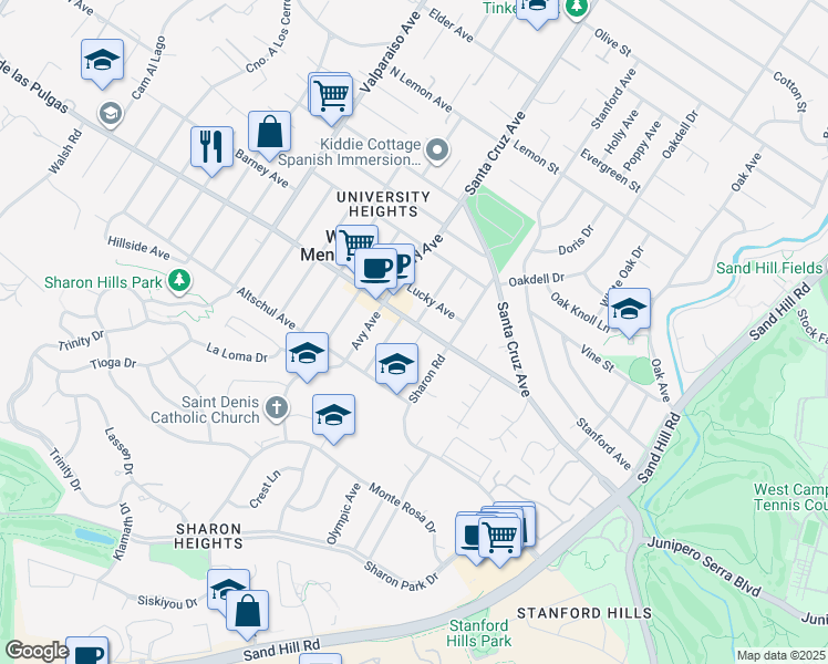 map of restaurants, bars, coffee shops, grocery stores, and more near 2100 Prospect Street in Menlo Park