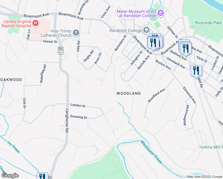 map of restaurants, bars, coffee shops, grocery stores, and more near 524 Charles Street in Lynchburg
