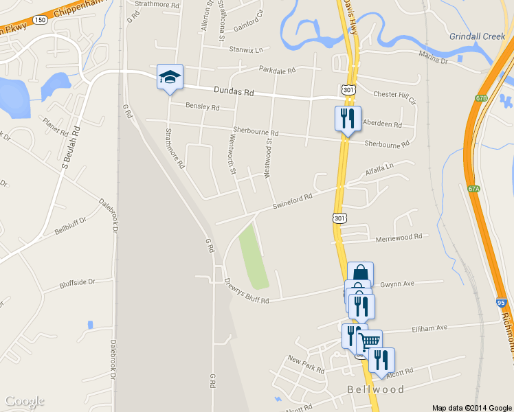 map of restaurants, bars, coffee shops, grocery stores, and more near 2820 Swineford Road in Richmond