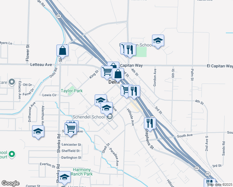 map of restaurants, bars, coffee shops, grocery stores, and more near 16092 Locust Street in Delhi