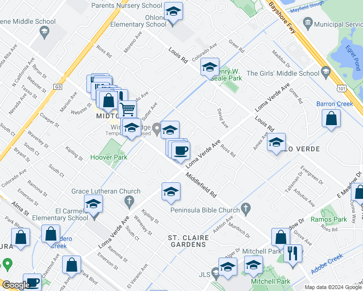 map of restaurants, bars, coffee shops, grocery stores, and more near 761 Allen Court in Palo Alto