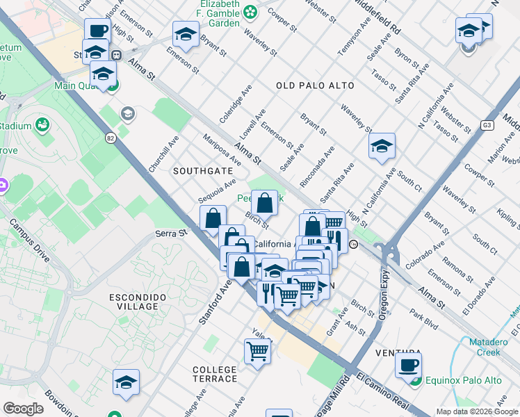 map of restaurants, bars, coffee shops, grocery stores, and more near 225 Leland Ave in Palo Alto