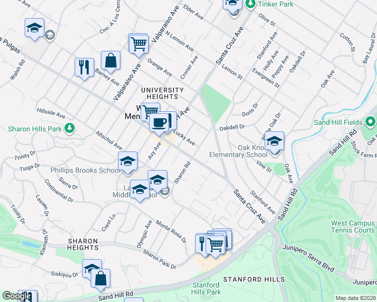 map of restaurants, bars, coffee shops, grocery stores, and more near 921 Lucky Avenue in Menlo Park