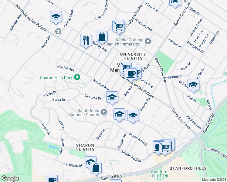 map of restaurants, bars, coffee shops, grocery stores, and more near 1155 Altschul Avenue in Menlo Park