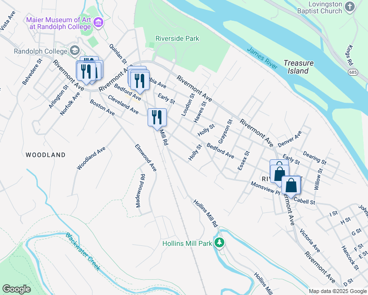 map of restaurants, bars, coffee shops, grocery stores, and more near 1917 Cleveland Avenue in Lynchburg