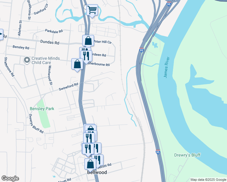 map of restaurants, bars, coffee shops, grocery stores, and more near 6818 Merriewood Ridge Drive in Richmond
