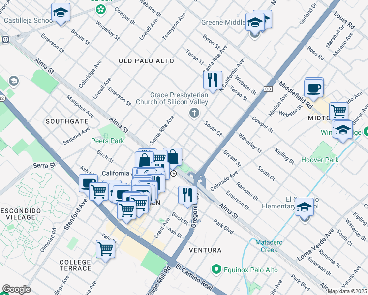 map of restaurants, bars, coffee shops, grocery stores, and more near Emerson St & N California Ave in Palo Alto