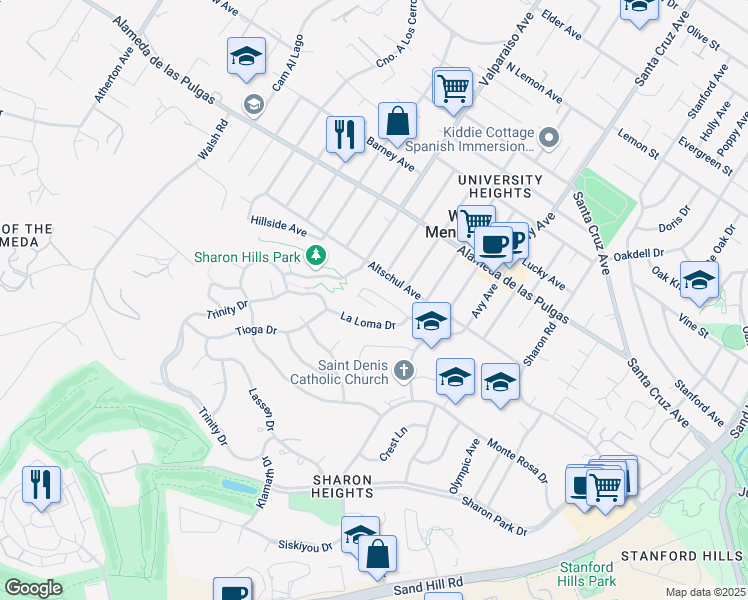 map of restaurants, bars, coffee shops, grocery stores, and more near 1260 Bellair Way in Menlo Park