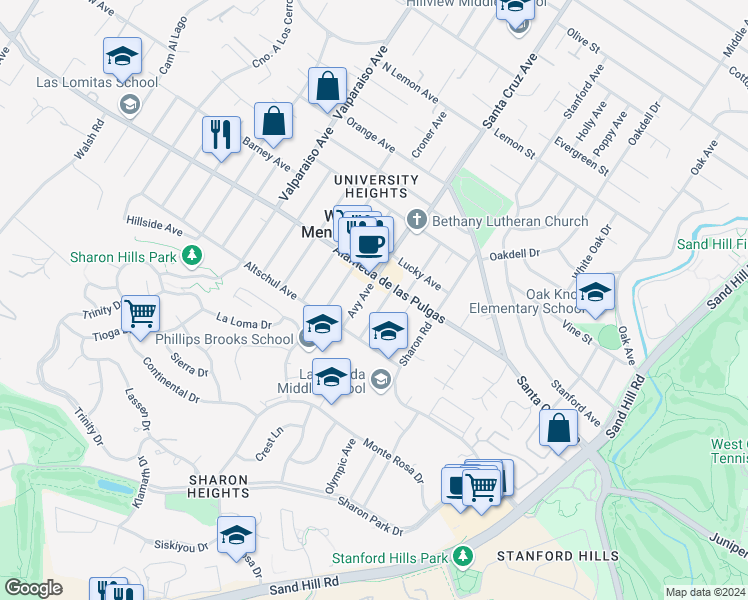 map of restaurants, bars, coffee shops, grocery stores, and more near 2143 Avy Avenue in Menlo Park