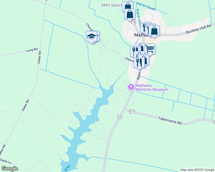 map of restaurants, bars, coffee shops, grocery stores, and more near 216 Paradise Point Lane in Mathews