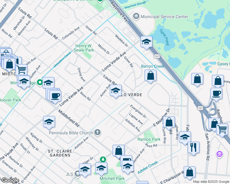 map of restaurants, bars, coffee shops, grocery stores, and more near 3450 Louis Road in Palo Alto