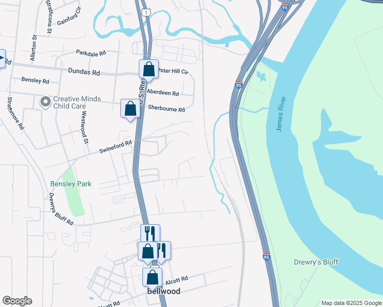 map of restaurants, bars, coffee shops, grocery stores, and more near 6818 Merriewood Ridge Drive in Richmond