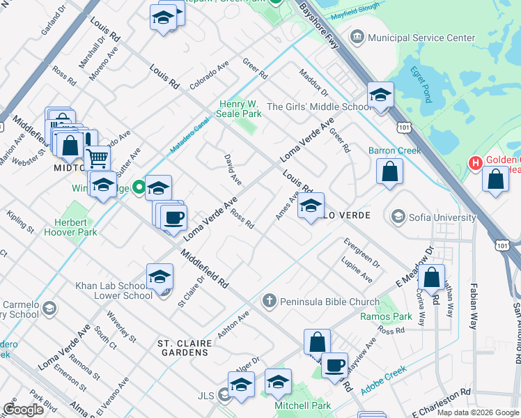map of restaurants, bars, coffee shops, grocery stores, and more near 827 Richardson Court in Palo Alto