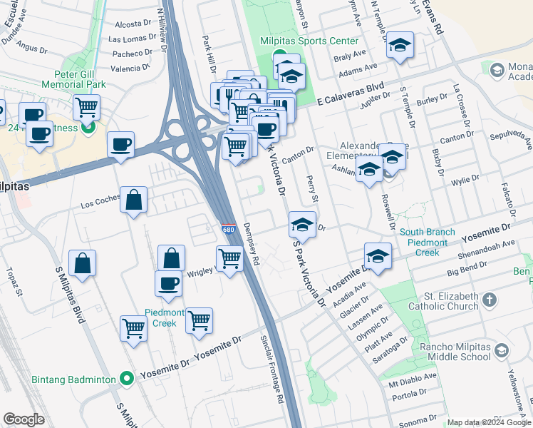 map of restaurants, bars, coffee shops, grocery stores, and more near 1156 Shirley Drive in Milpitas