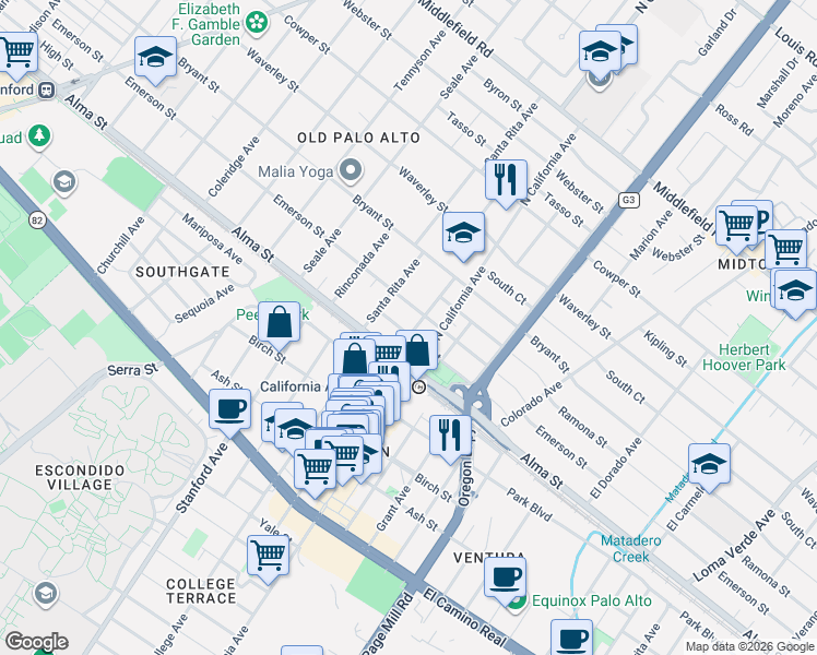 map of restaurants, bars, coffee shops, grocery stores, and more near 160 Washington Avenue in Palo Alto