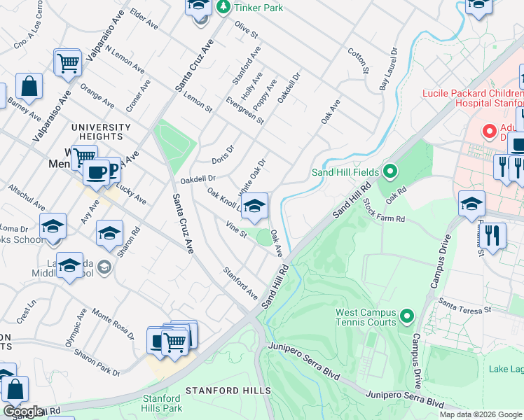 map of restaurants, bars, coffee shops, grocery stores, and more near 1895 Oak Knoll Lane in Menlo Park