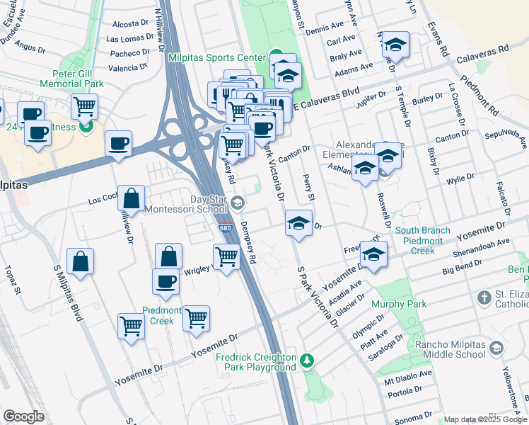 map of restaurants, bars, coffee shops, grocery stores, and more near 1156 Shirley Drive in Milpitas