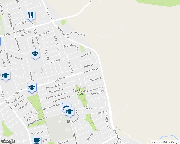 map of restaurants, bars, coffee shops, grocery stores, and more near 2166 Yosemite Drive in Milpitas