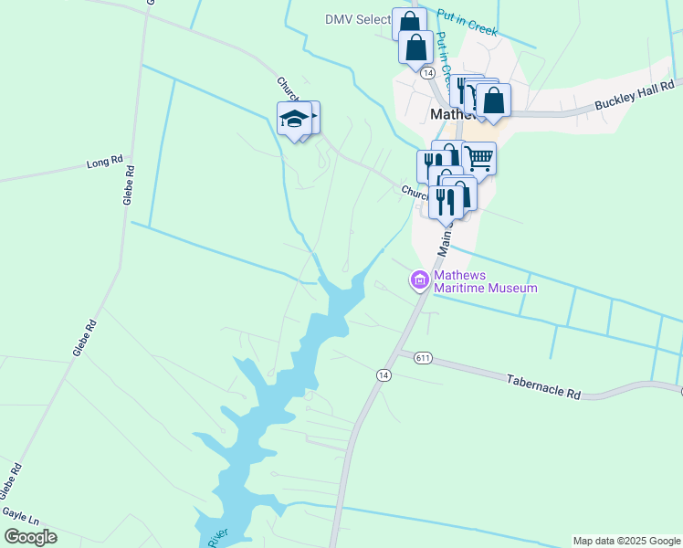 map of restaurants, bars, coffee shops, grocery stores, and more near 216 Paradise Point Lane in Mathews