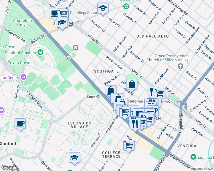 map of restaurants, bars, coffee shops, grocery stores, and more near 222 Sequoia Avenue in Palo Alto
