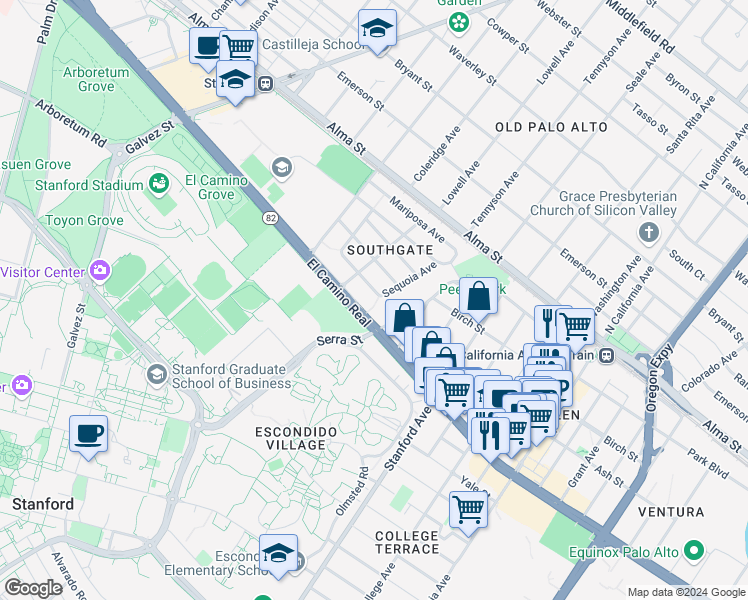 map of restaurants, bars, coffee shops, grocery stores, and more near 1654 Portola Avenue in Palo Alto