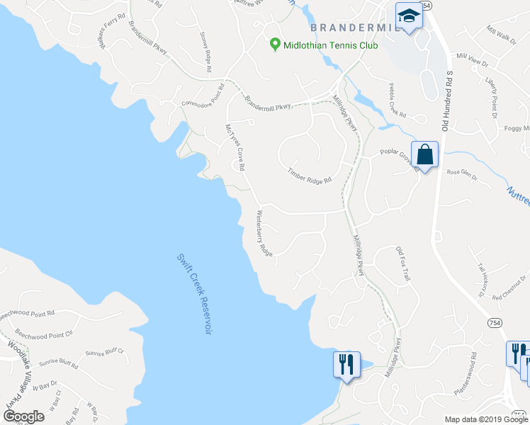 map of restaurants, bars, coffee shops, grocery stores, and more near 13701 Winterberry Ridge in Midlothian