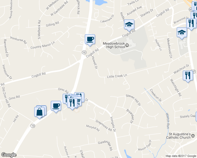 map of restaurants, bars, coffee shops, grocery stores, and more near 5139 Little Creek Lane in Richmond