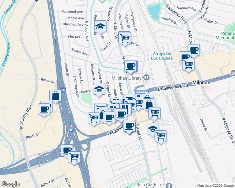 map of restaurants, bars, coffee shops, grocery stores, and more near 76 Butler Street in Milpitas