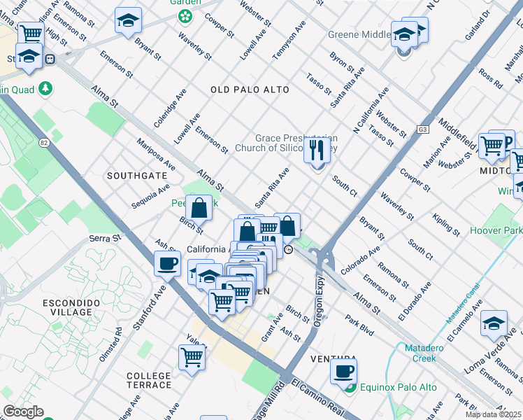 map of restaurants, bars, coffee shops, grocery stores, and more near 122 Santa Rita Avenue in Palo Alto