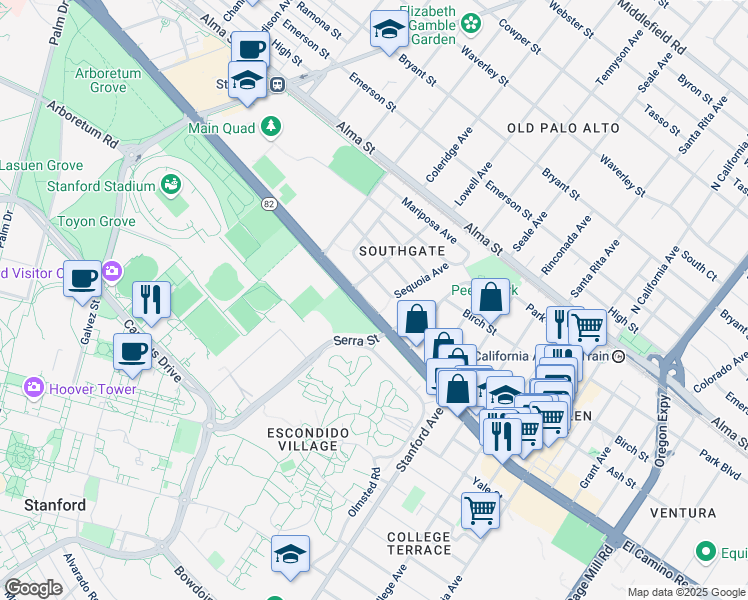 map of restaurants, bars, coffee shops, grocery stores, and more near 1641 California 82 in Palo Alto
