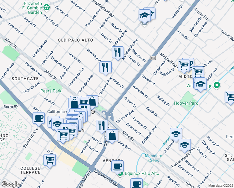 map of restaurants, bars, coffee shops, grocery stores, and more near 2370 Bryant Street in Palo Alto