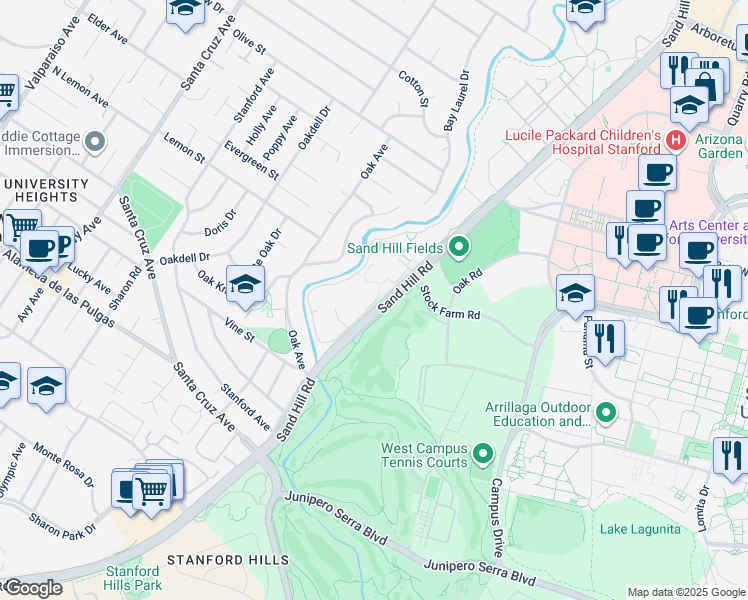 map of restaurants, bars, coffee shops, grocery stores, and more near 1700 Oak Creek Drive in Palo Alto