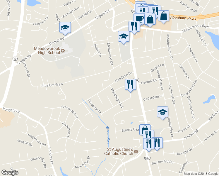 map of restaurants, bars, coffee shops, grocery stores, and more near 4501 Watchrun Drive in Richmond