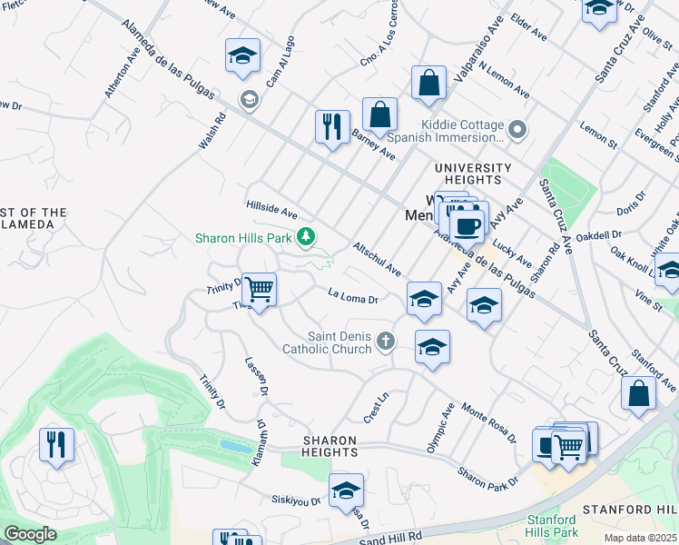 map of restaurants, bars, coffee shops, grocery stores, and more near 1308 Bellair Way in Menlo Park