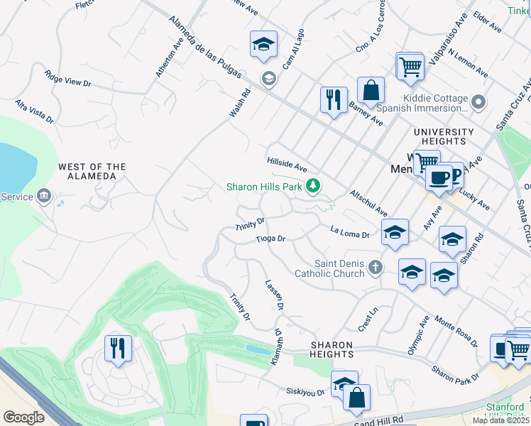 map of restaurants, bars, coffee shops, grocery stores, and more near 2 Hallmark Circle in Menlo Park