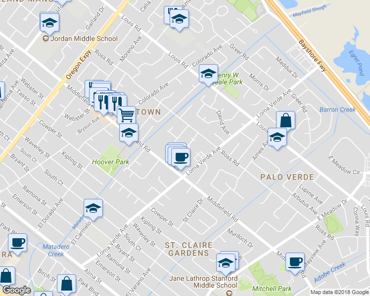 map of restaurants, bars, coffee shops, grocery stores, and more near 761 Allen Court in Palo Alto