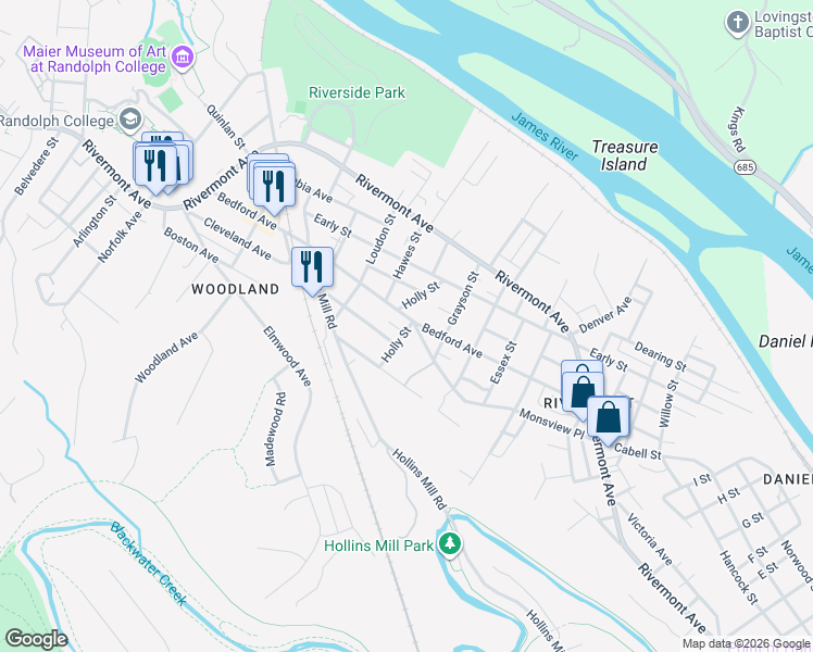 map of restaurants, bars, coffee shops, grocery stores, and more near 1901 Bedford Avenue in Lynchburg