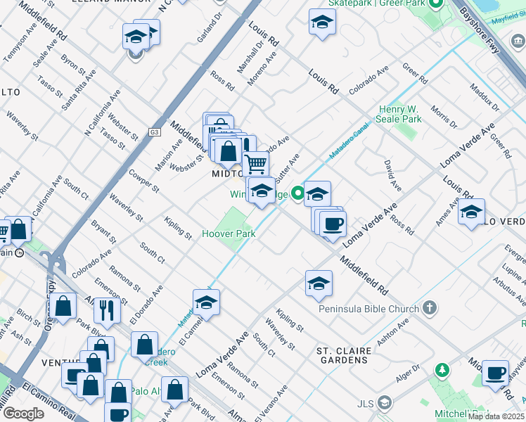 map of restaurants, bars, coffee shops, grocery stores, and more near 2890 Middlefield Road in Palo Alto