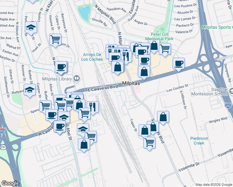 map of restaurants, bars, coffee shops, grocery stores, and more near 281 Calypso Court in Milpitas