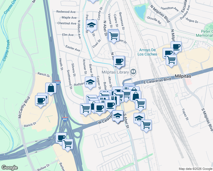 map of restaurants, bars, coffee shops, grocery stores, and more near 76 Butler Street in Milpitas