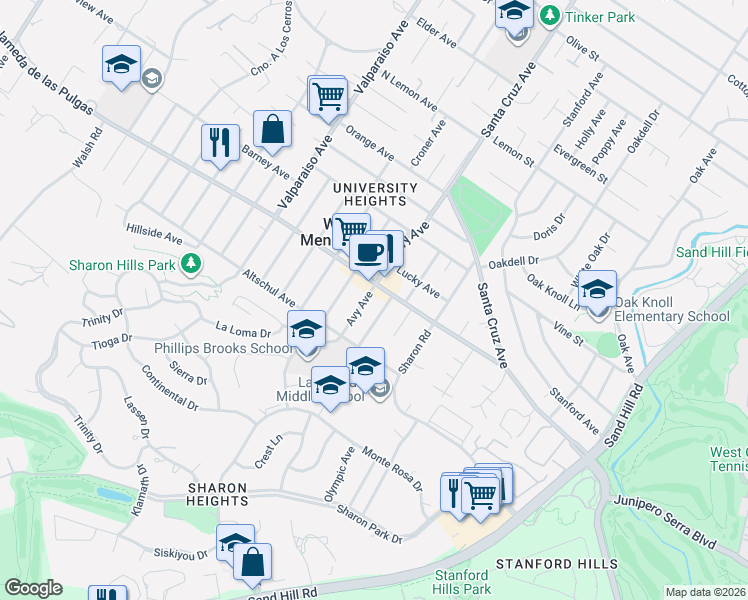 map of restaurants, bars, coffee shops, grocery stores, and more near 2151 Avy Avenue in Menlo Park
