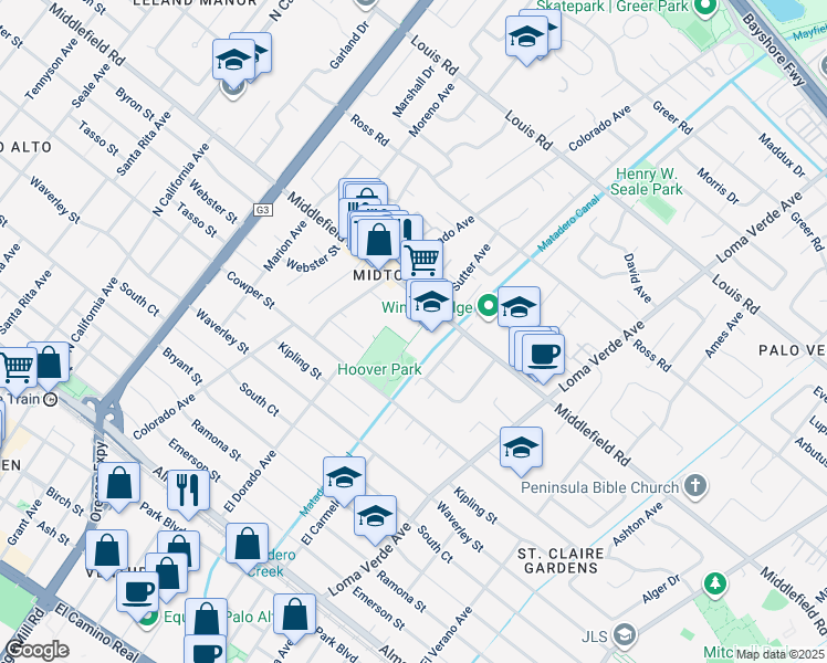 map of restaurants, bars, coffee shops, grocery stores, and more near 2850 Middlefield Road in Palo Alto
