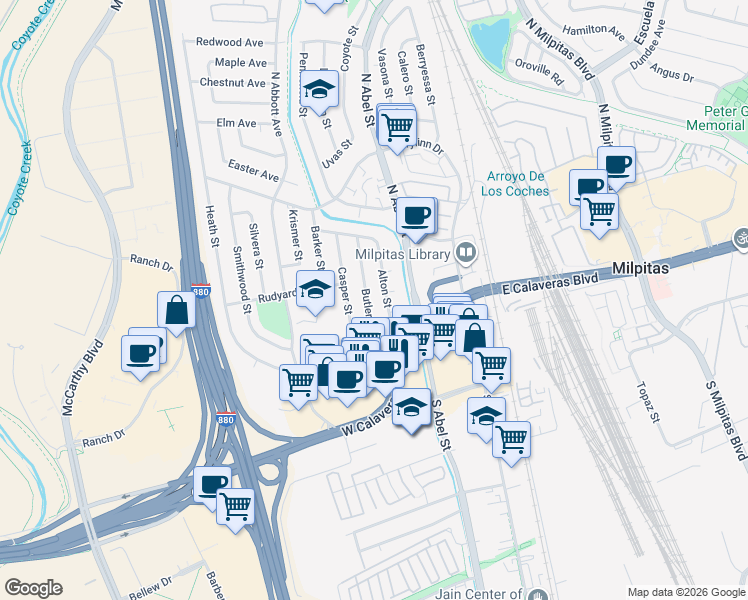 map of restaurants, bars, coffee shops, grocery stores, and more near 76 Butler Street in Milpitas