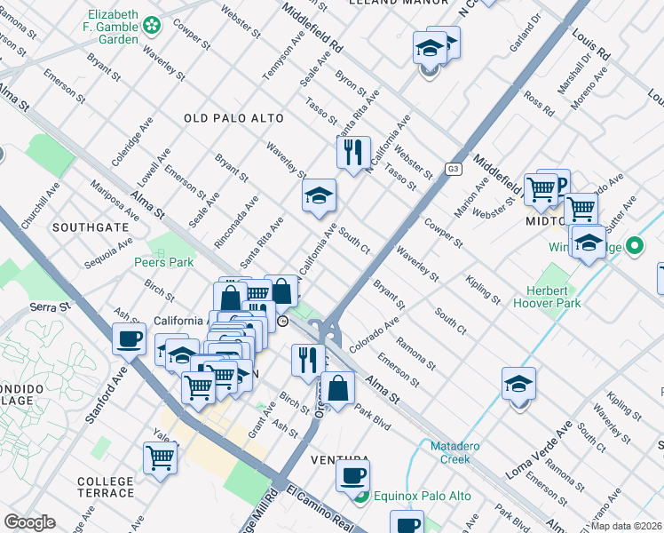 map of restaurants, bars, coffee shops, grocery stores, and more near 2351 Ramona Street in Palo Alto